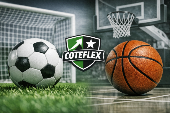 Un ballon de football et un ballon de basket sur un terrain de sport avec logo COTEFLEX.